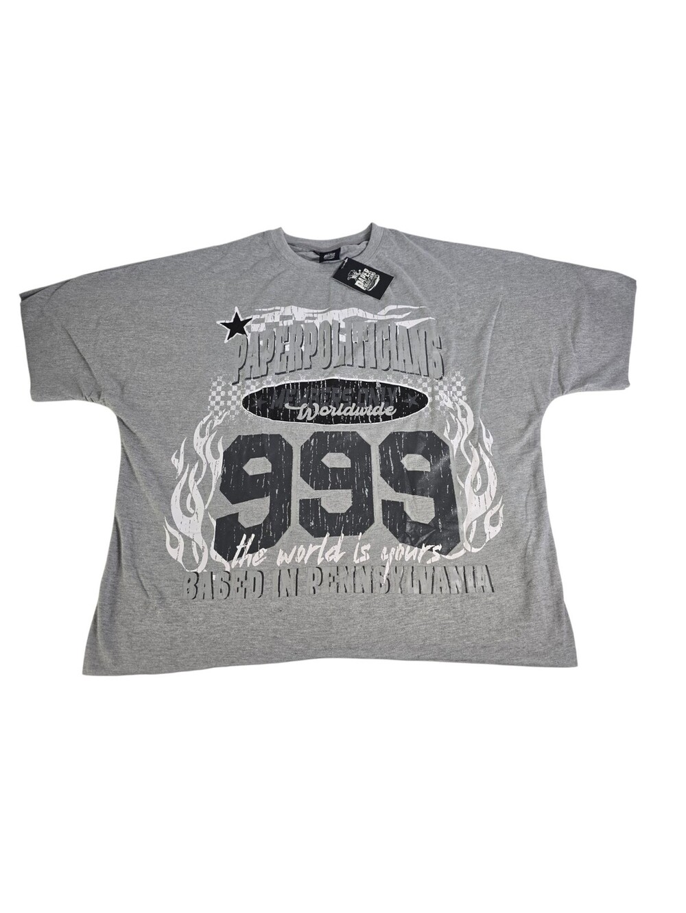 Paper Politicians Graphic T-Shirt Grey Raw Hem Graphic Print 3XL 999 Hip-Hop New